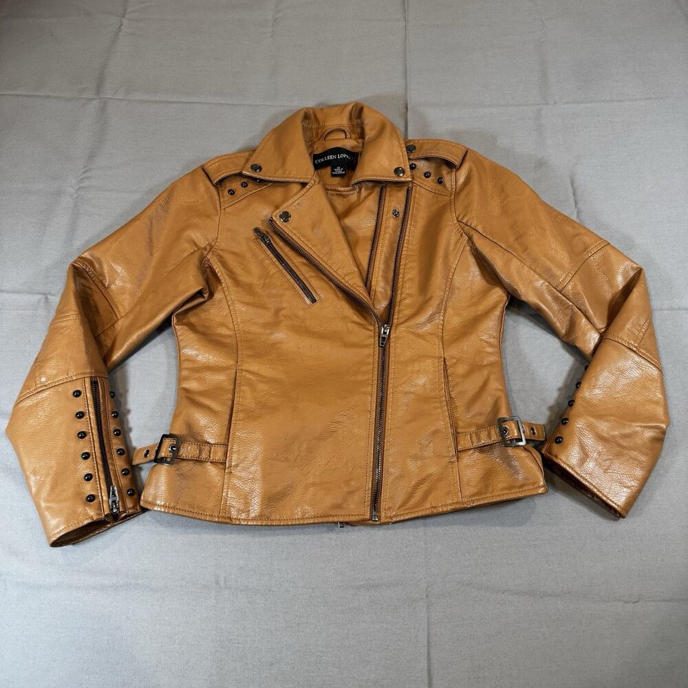 Colleen Lopez Faux Leather Moto Jacket Tan Studded Women XS